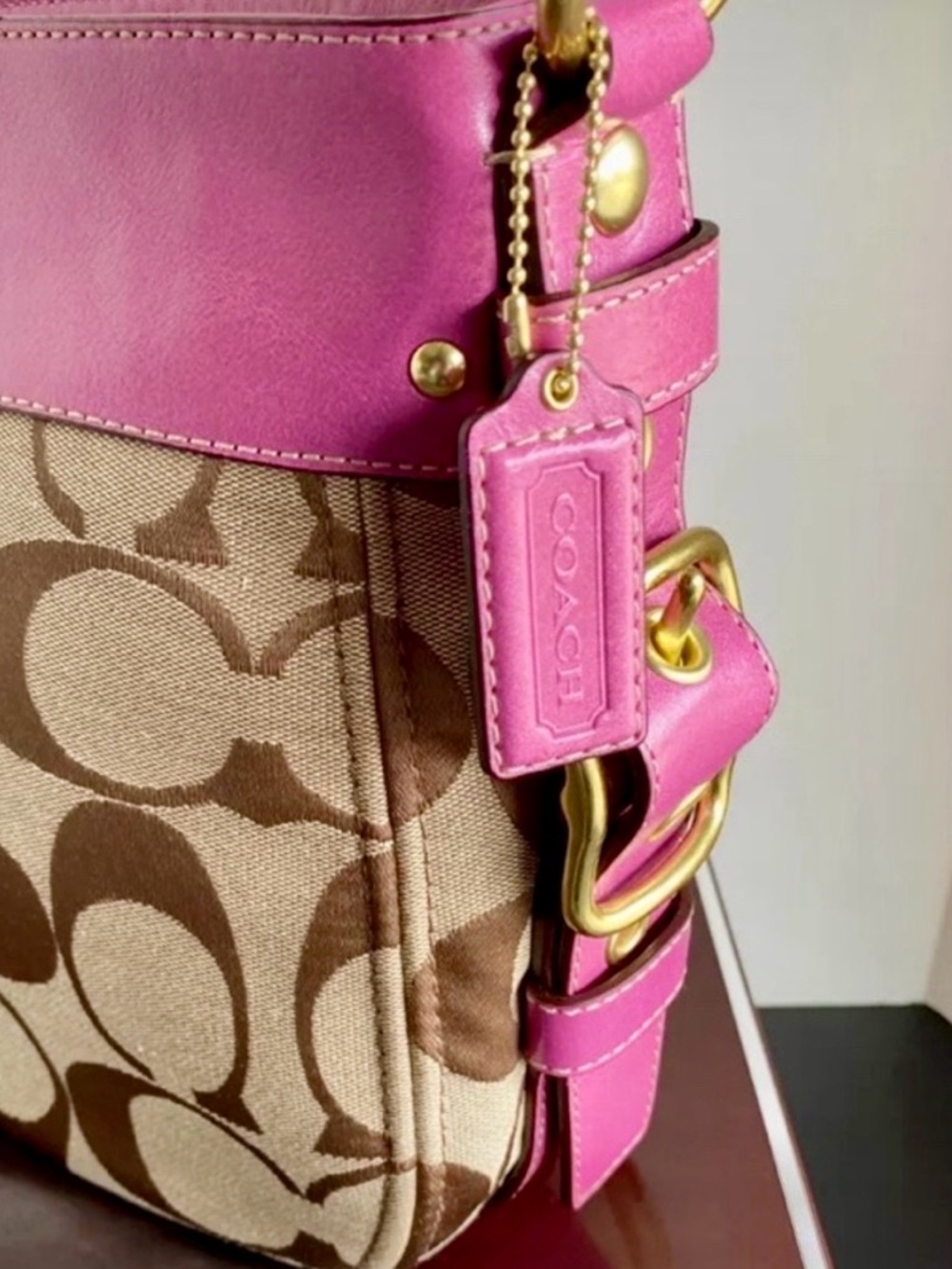 Coach Zoe Signature Khaki/Orchid Purse Handbag - Picture 4 of 8